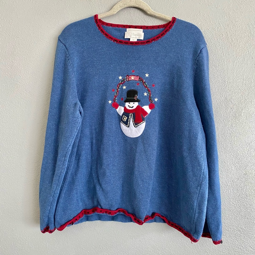 C.J. Banks Sweater Size 1X Winter Snowman Blue Red Knit Soft Crewneck